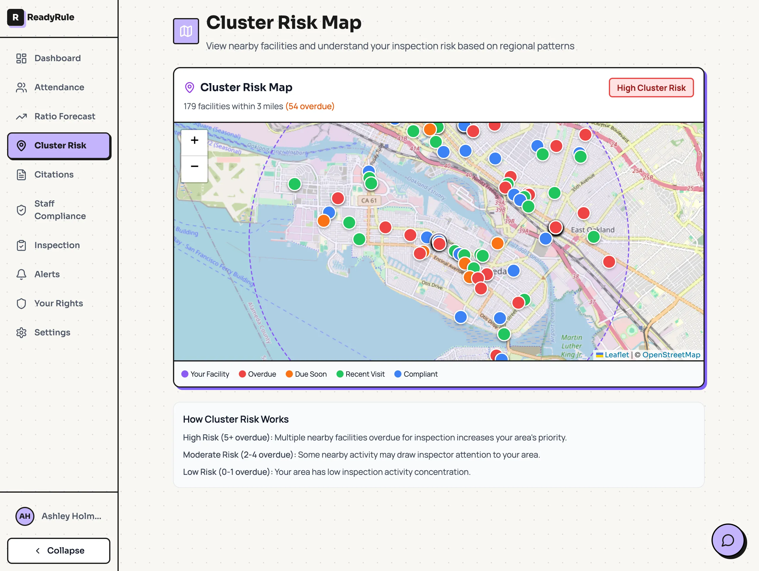 ReadyRule Cluster Risk Map — interactive map showing nearby facilities color-coded by inspection status with regional enforcement pattern analysis