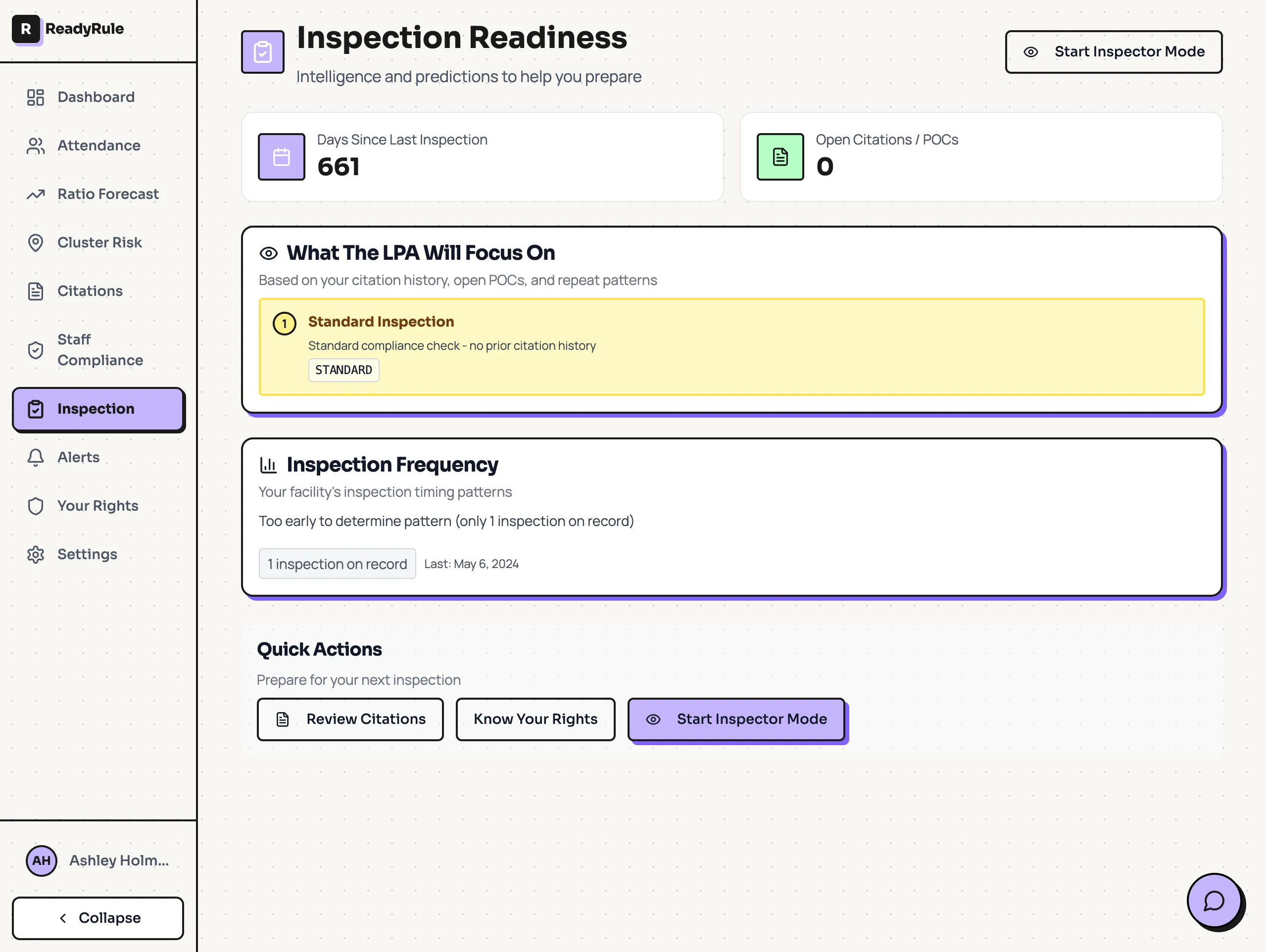 ReadyRule Inspection Readiness — shows what LPA will focus on, days since last inspection, inspection frequency patterns, and quick prep actions