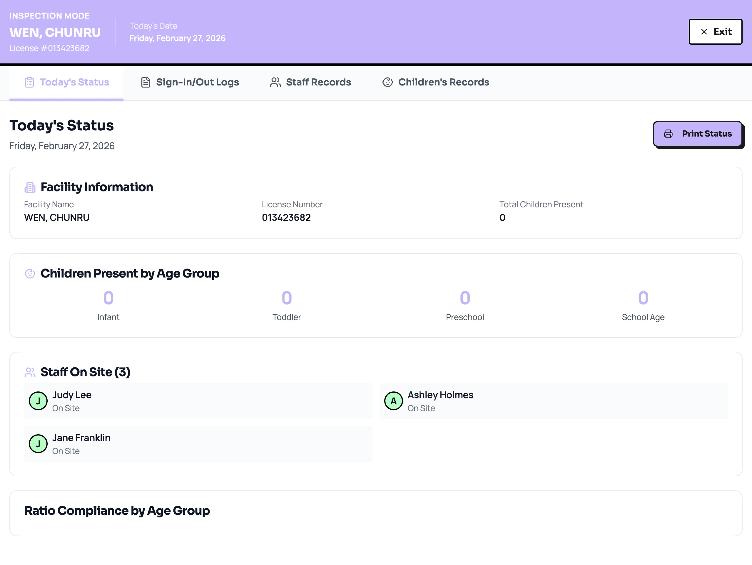 ReadyRule Inspector Mode — a clean, full-screen interface showing facility info, children present by age group, and staff on site, designed to present to your LPA during inspections