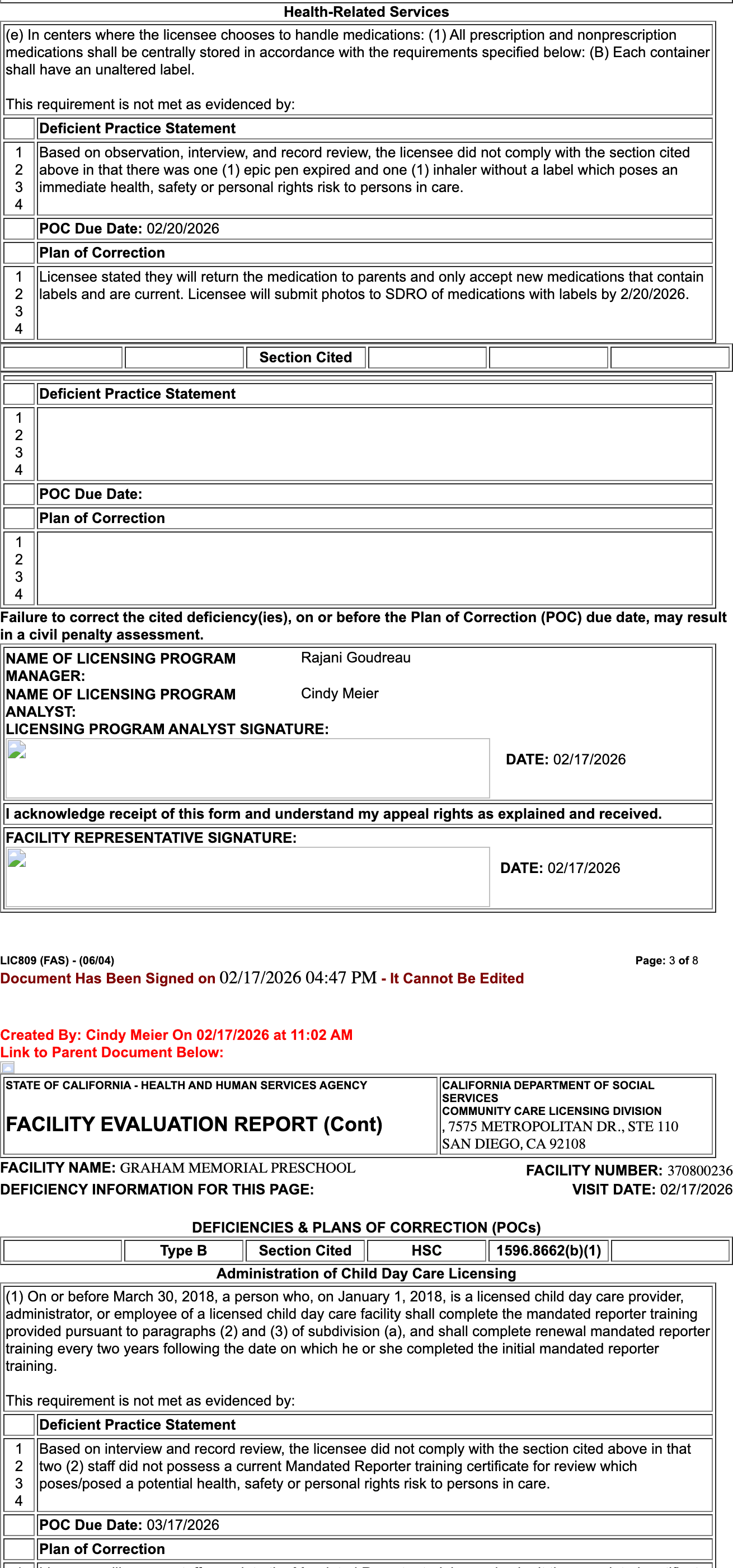 The deficiency section of a CCLD inspection report showing citation type, regulation code, deficient practice statement, and plan of correction