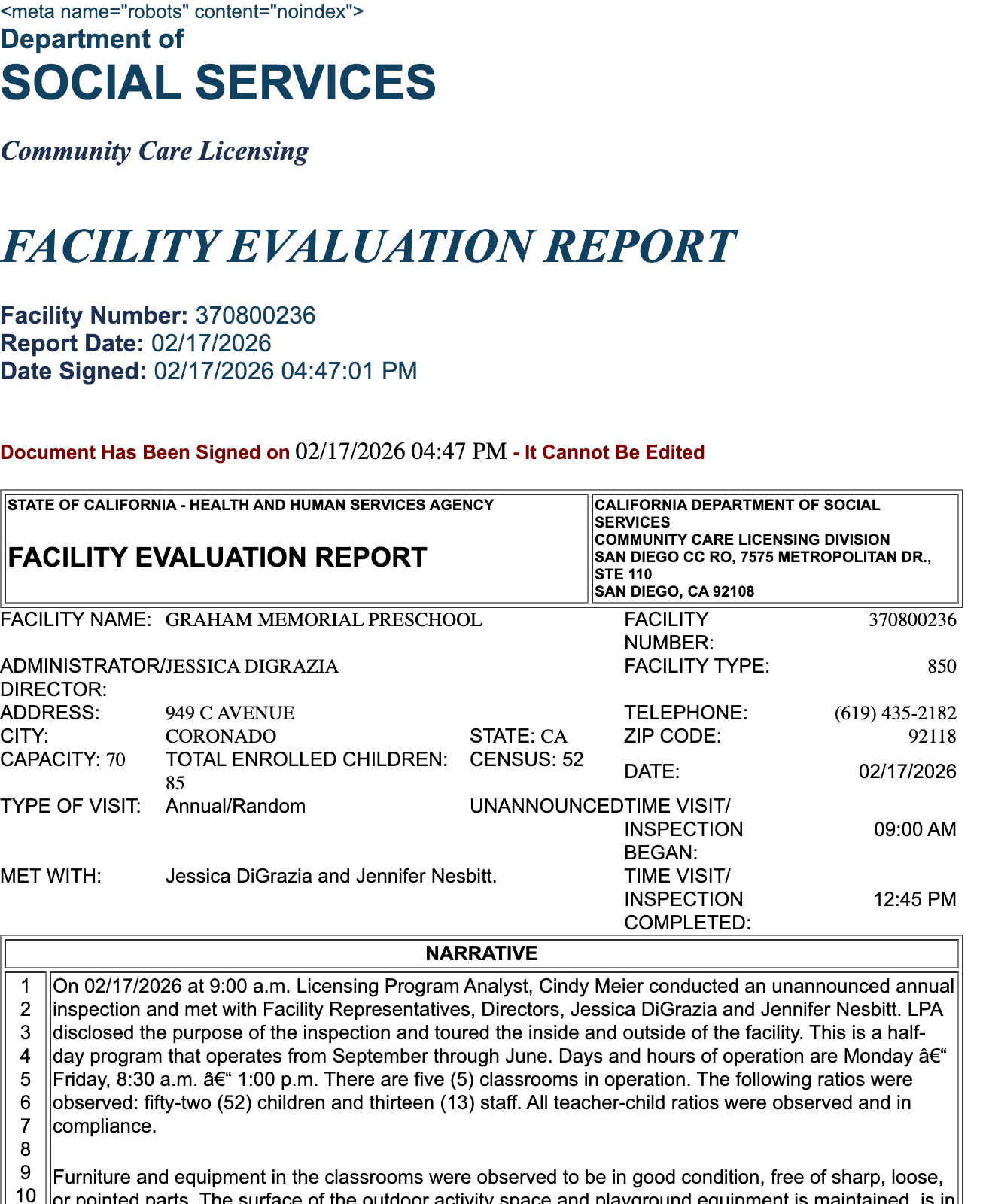 The top of a real CCLD Facility Evaluation Report showing the header, facility information table, and the beginning of the narrative section