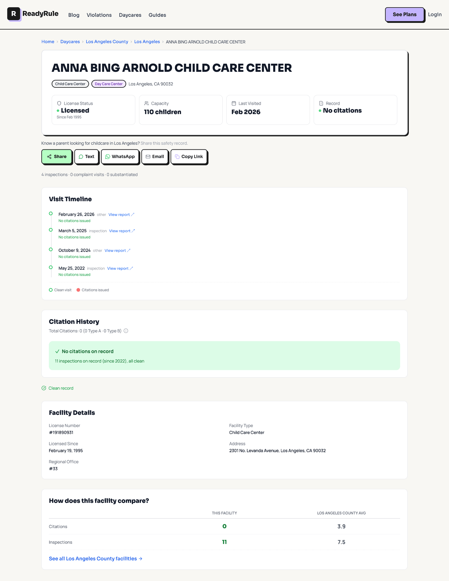 ReadyRule facility page preview showing what parents see before a provider claims the page