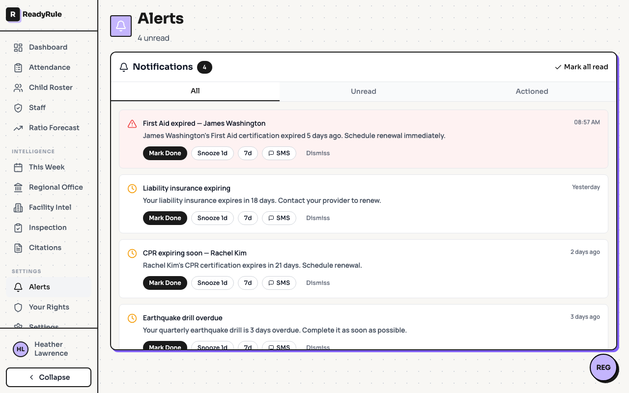 ReadyRule alerts showing upcoming cert expirations with urgency badges
