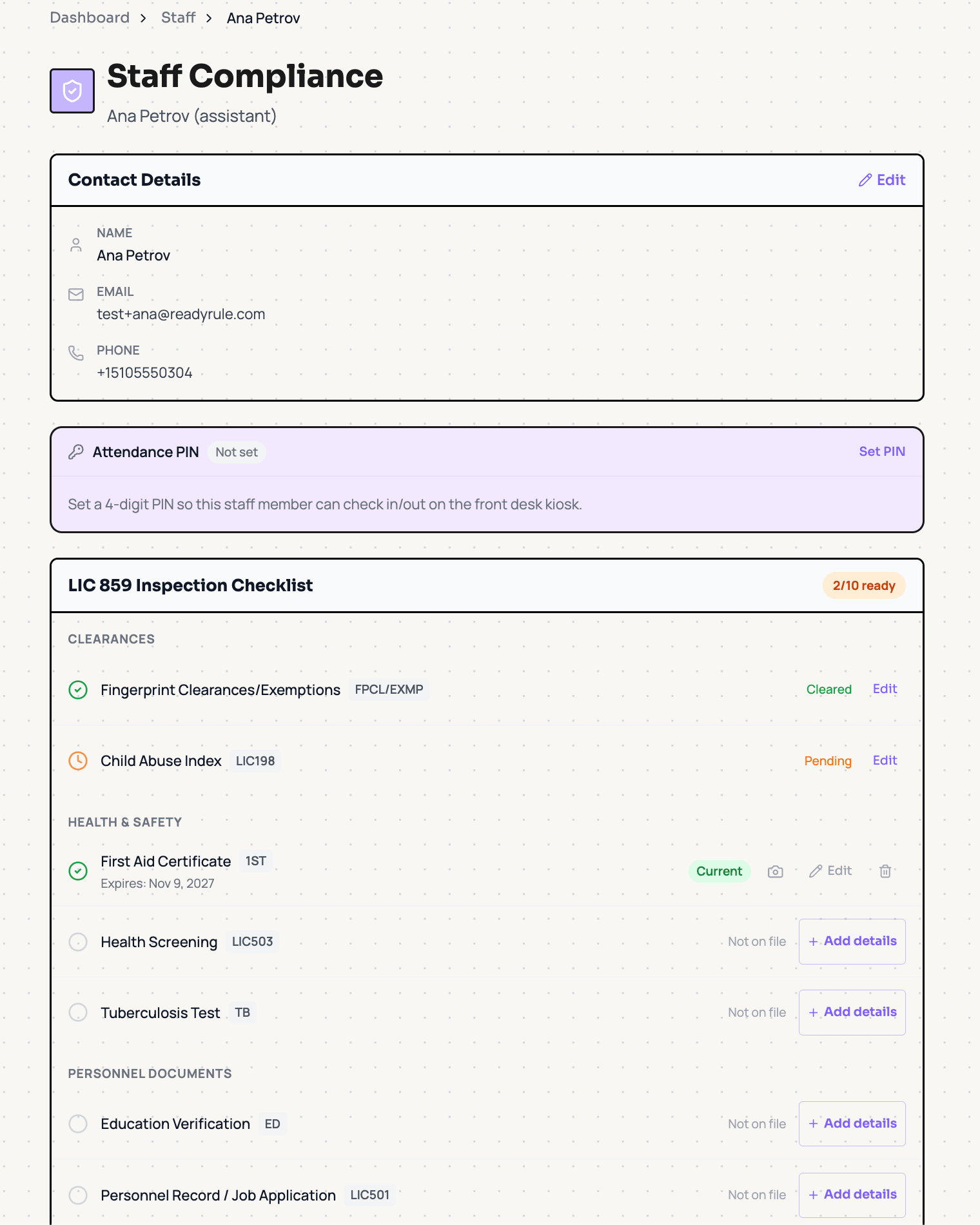 ReadyRule Staff Compliance dashboard showing 2 of 10 staff ready with specific missing documents listed per staff member